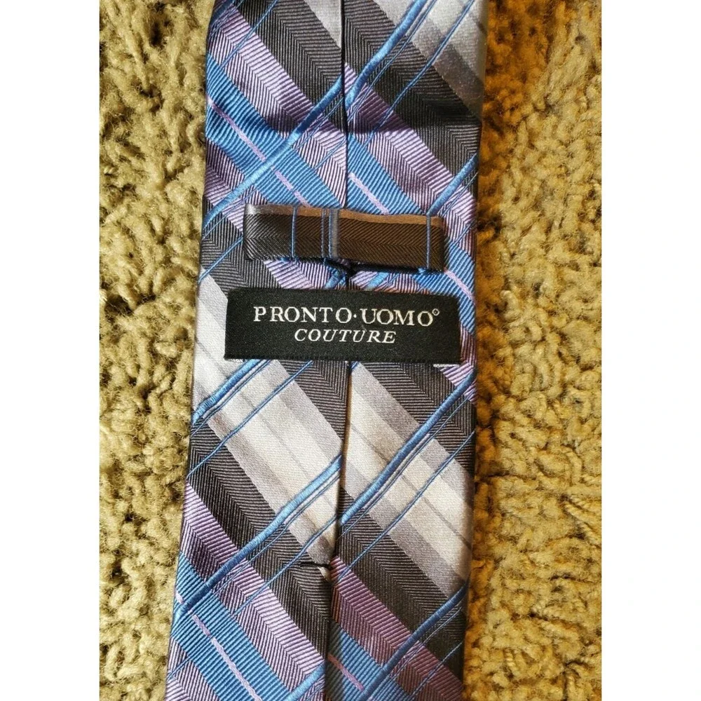 Pronto Uomo Couture Mens Necktie 100% Silk Blue Purple Grey Plaid Striped Tie